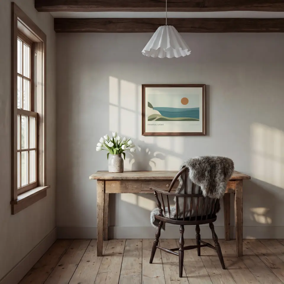 Rustic Writing Nook: A small walnut frame hangs on a plaster wall above a weathered wooden writing table, beneath dark ceiling beams and a pleated paper pendant.