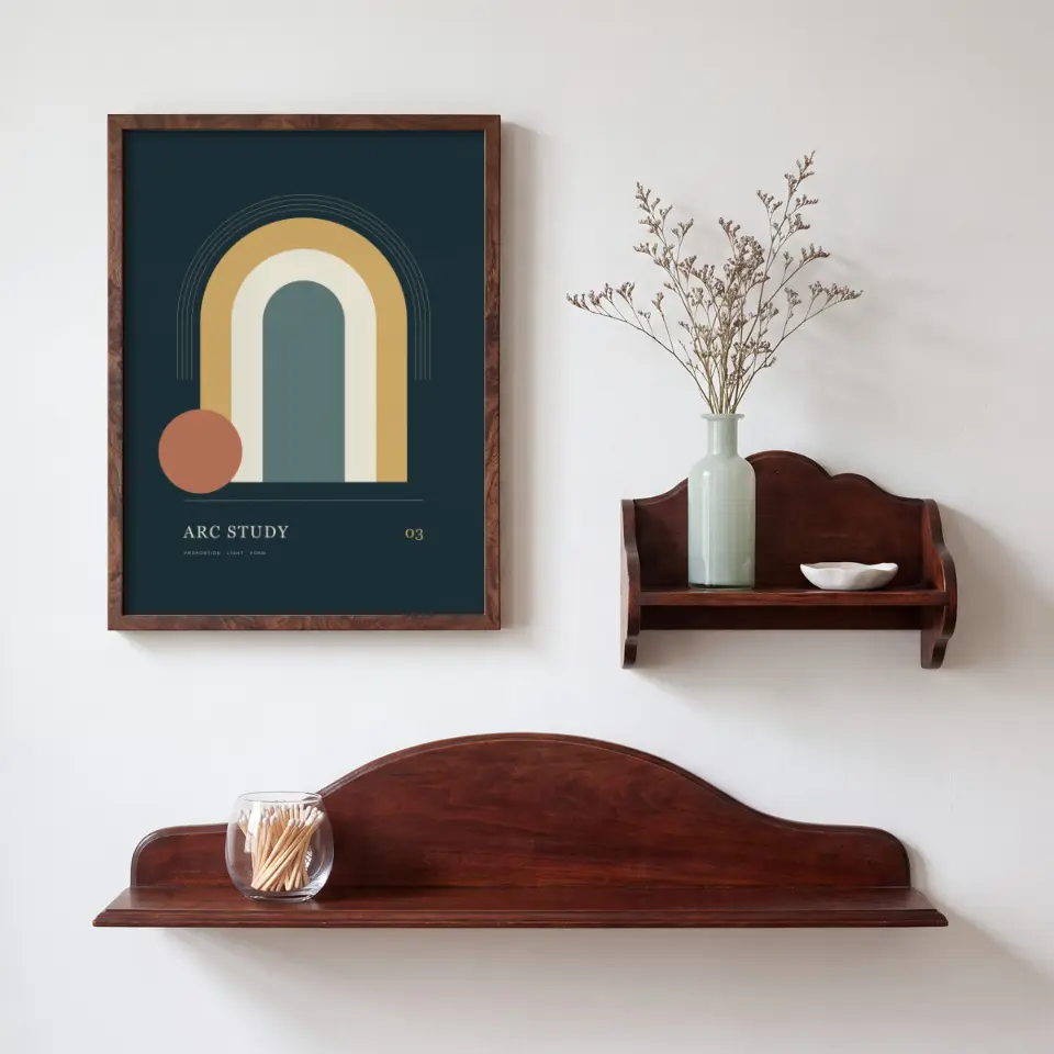Curved Wood Shelves: A tall walnut frame hangs on a pale wall alongside two curved-edge wooden shelves, one holding a celadon vase of dried stems and a small dish, the other a glass jar of matches.