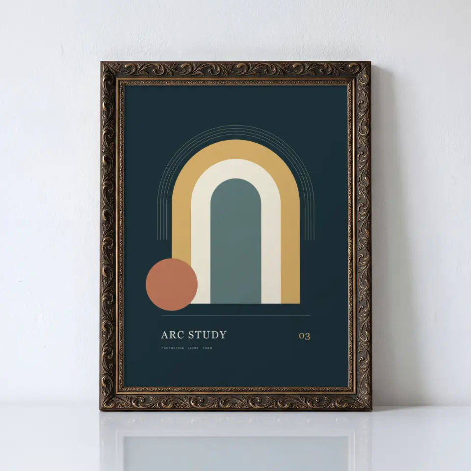 Ornate Tabletop Reflection: An ornate frame in dark gold with scrolling foliage carved along every edge stands on a polished white tabletop, its lower edge mirrored in the glossy surface.
