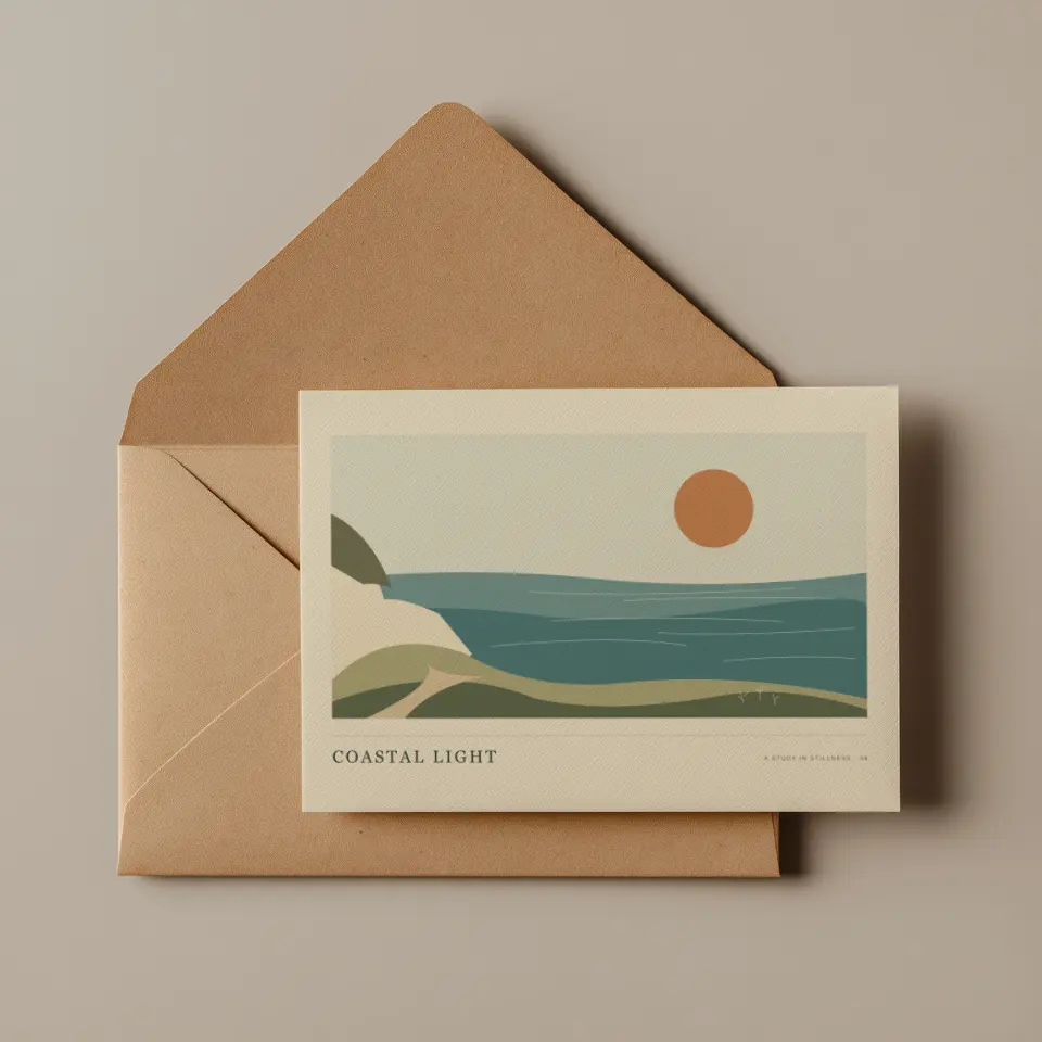Kraft & Cotton Card: A landscape ivory card with visible cotton texture sits squarely on an open kraft envelope, viewed straight down against a smooth taupe backdrop.