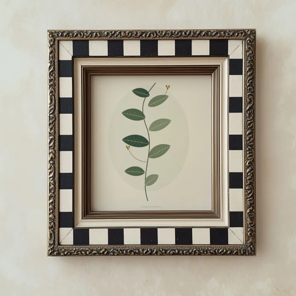 Checkerboard Heirloom: A striking heirloom frame hangs on softly mottled plaster, its wide border painted in bold black and ivory checks and edged with a fine gilt filigree, with a cream inner lip stepping down to the opening.
