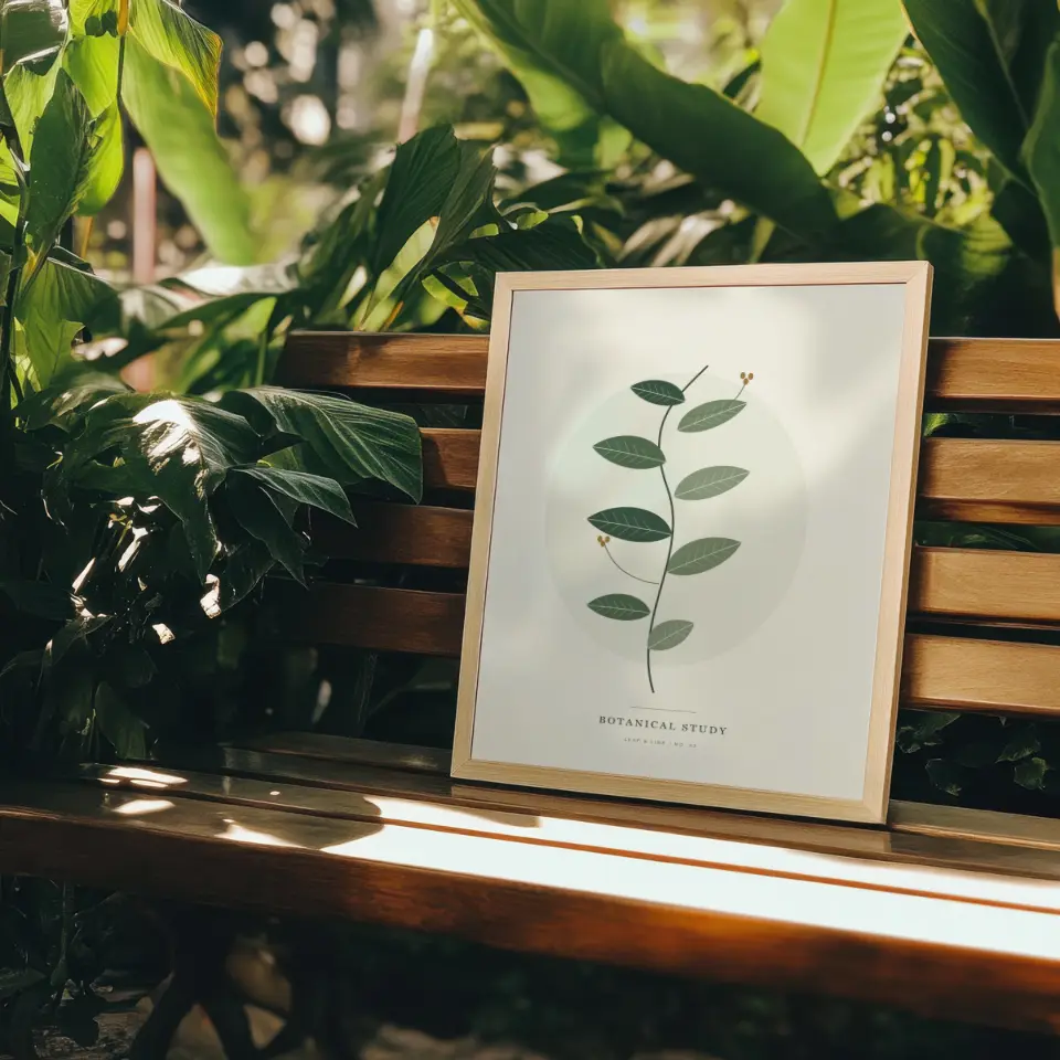 Garden Bench: A pale wood frame rests on the slats of a warm-toned garden bench, surrounded by broad tropical leaves and dappled sunlight filtering through the canopy.
