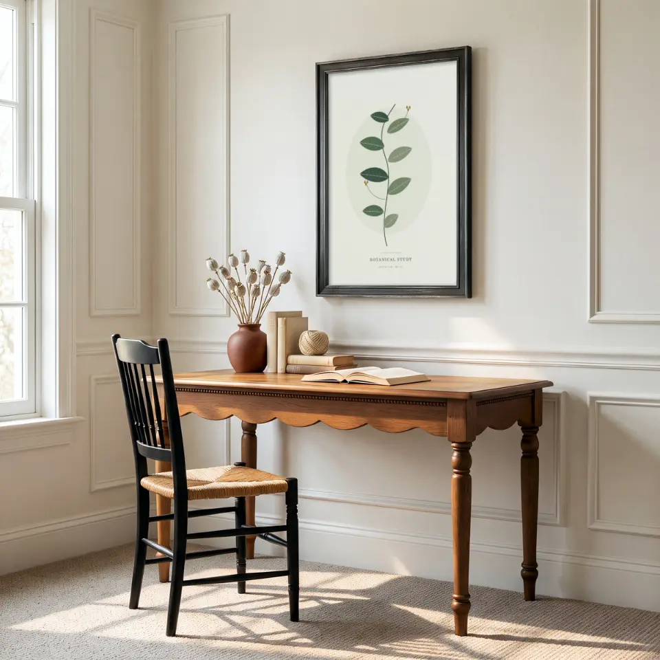 Quiet Writing Corner: A slim charcoal frame hangs on cream panelled walls above a honey-coloured wooden desk with a scalloped apron, where dried seed heads in a terracotta vase, a few books and an open volume are laid out.