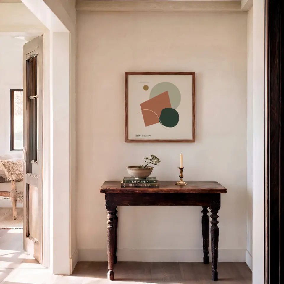 Square Hall Keepsake: A square walnut frame hangs on a warm plaster wall above a dark antique console with turned legs, dressed with a small pile of books, a stoneware bowl and a single brass candlestick.