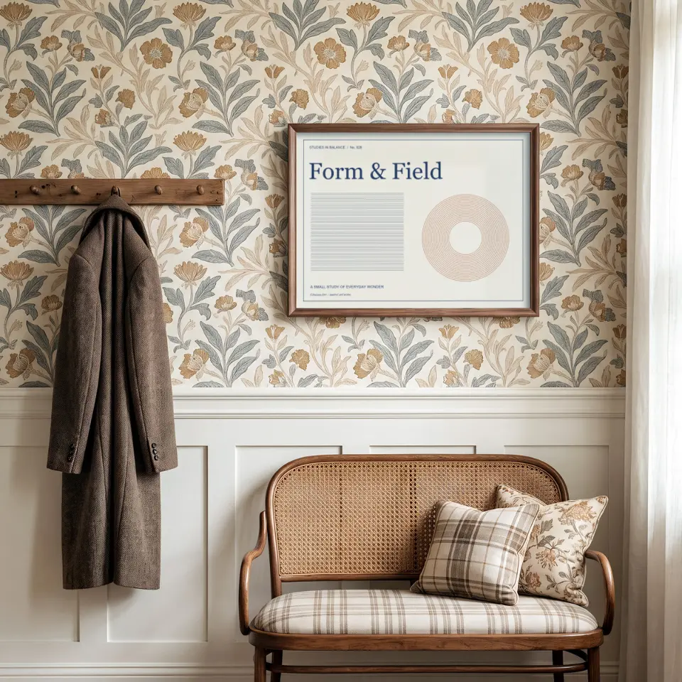 Floral Coat Corner: A slim walnut frame hangs on muted floral wallpaper above a cane-backed bench dressed with plaid and patterned cushions.