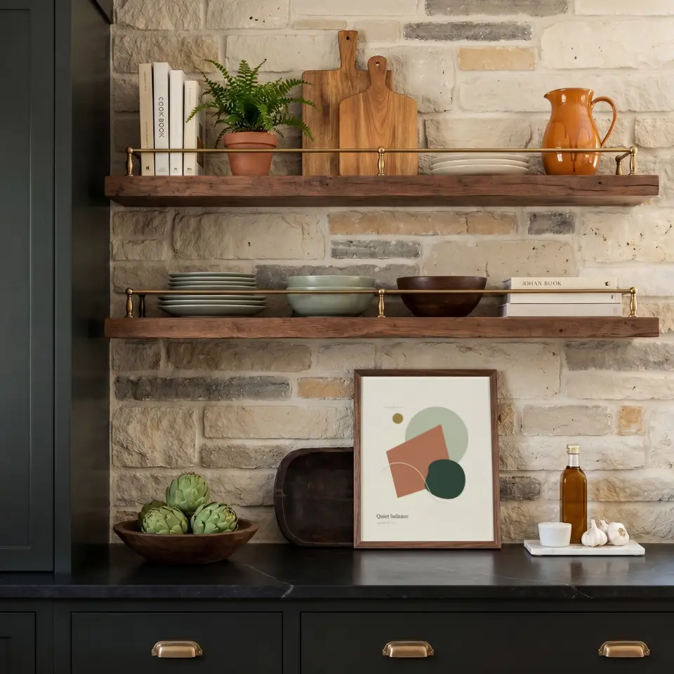Kitchen Counter Reflection: A slim dark wood frame leans against a pale stone wall on a dark countertop, beneath two rustic timber shelves lined with cookbooks, a fern, a pitcher and stacked bowls.