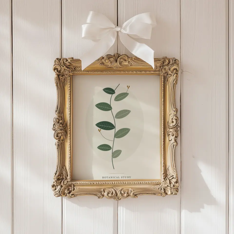 Ivory Ribbon Heirloom: A richly carved gold frame hangs from a large white satin bow against painted wall panelling, with sunlight raking across the boards in soft diagonal stripes.