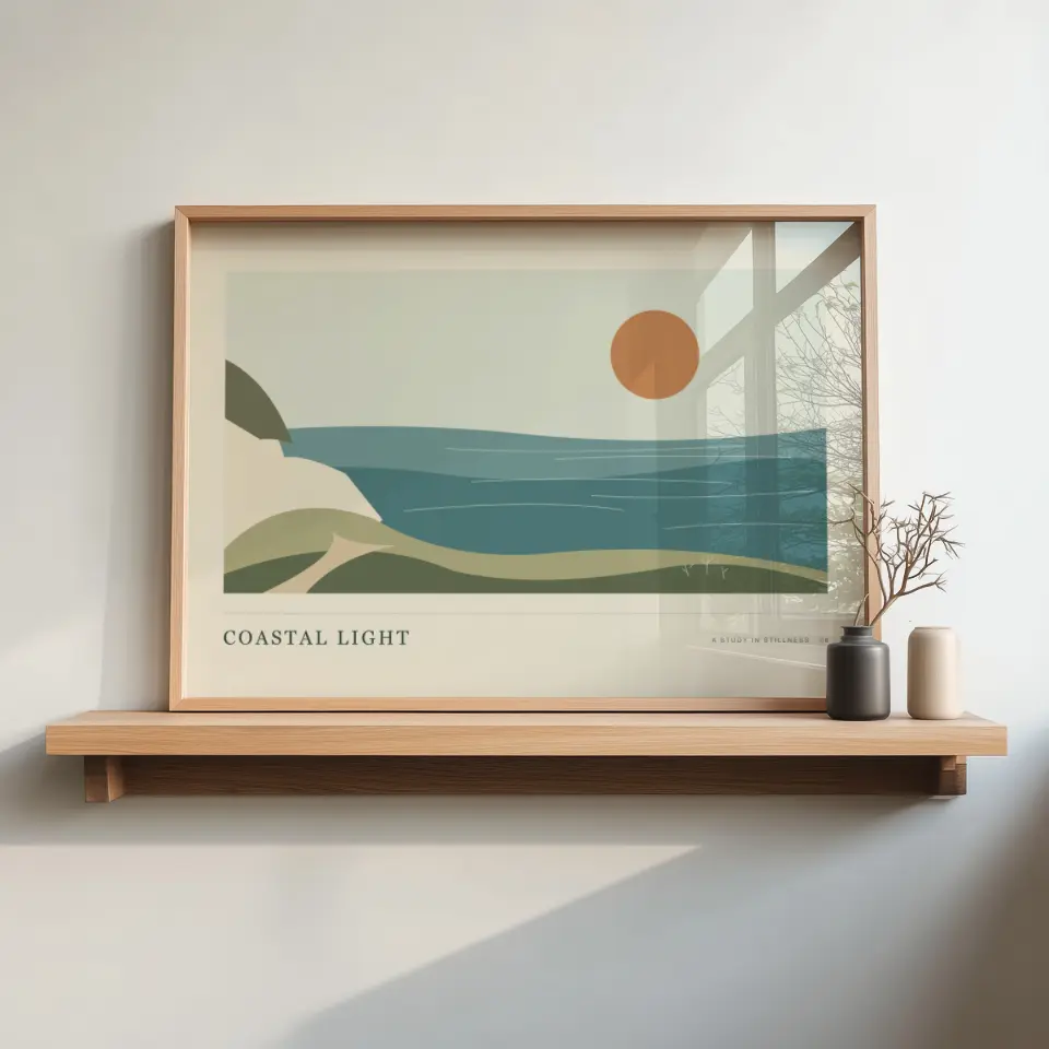 Quiet Oak Shelf: A slim natural oak frame leans on a matching floating oak shelf against a plain white wall.
