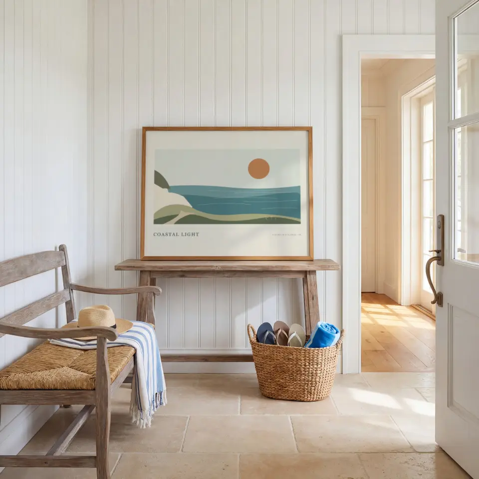 Beach House Entry: A slim honey-toned wood frame leans on a weathered console table against white beadboard walls.
