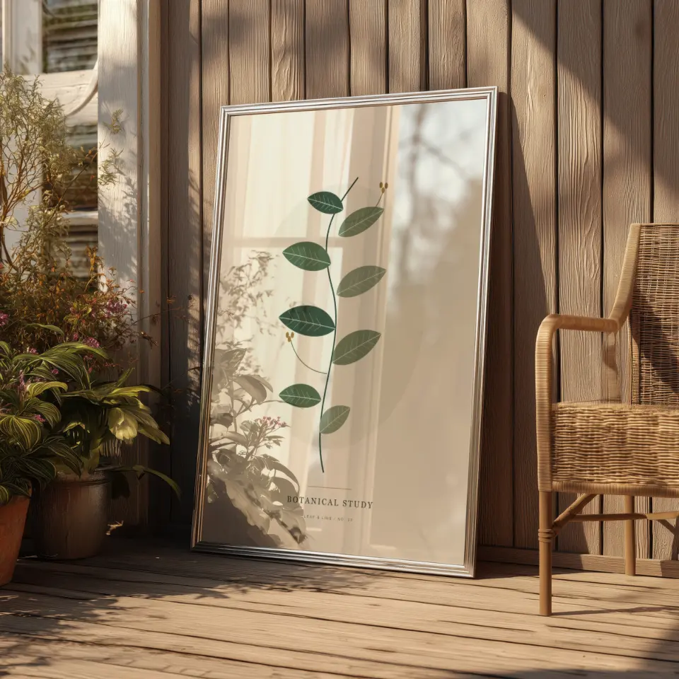 Sunroom Floor Portrait: A tall slim silver frame leans against wooden siding on a sunlit porch, its glass reflecting sheer curtains and the shadows of nearby foliage.