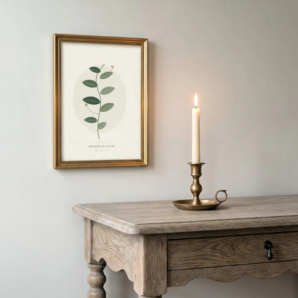 Brass Candlestick Console: A slender gold frame hangs on a soft grey wall above a weathered oak console with a scalloped apron and turned legs.