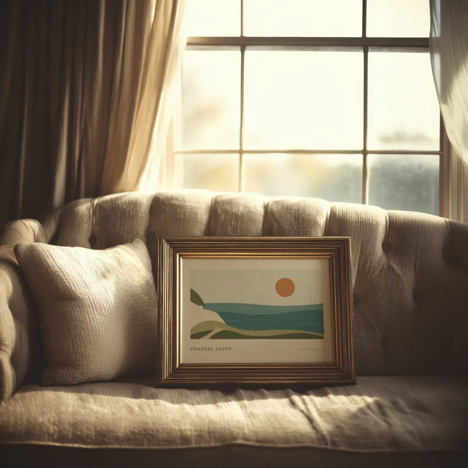 Velvet Window Seat: A small antique gold frame with a stepped profile rests on the seat of a tufted taupe sofa, propped against its curved back beside a textured cushion.