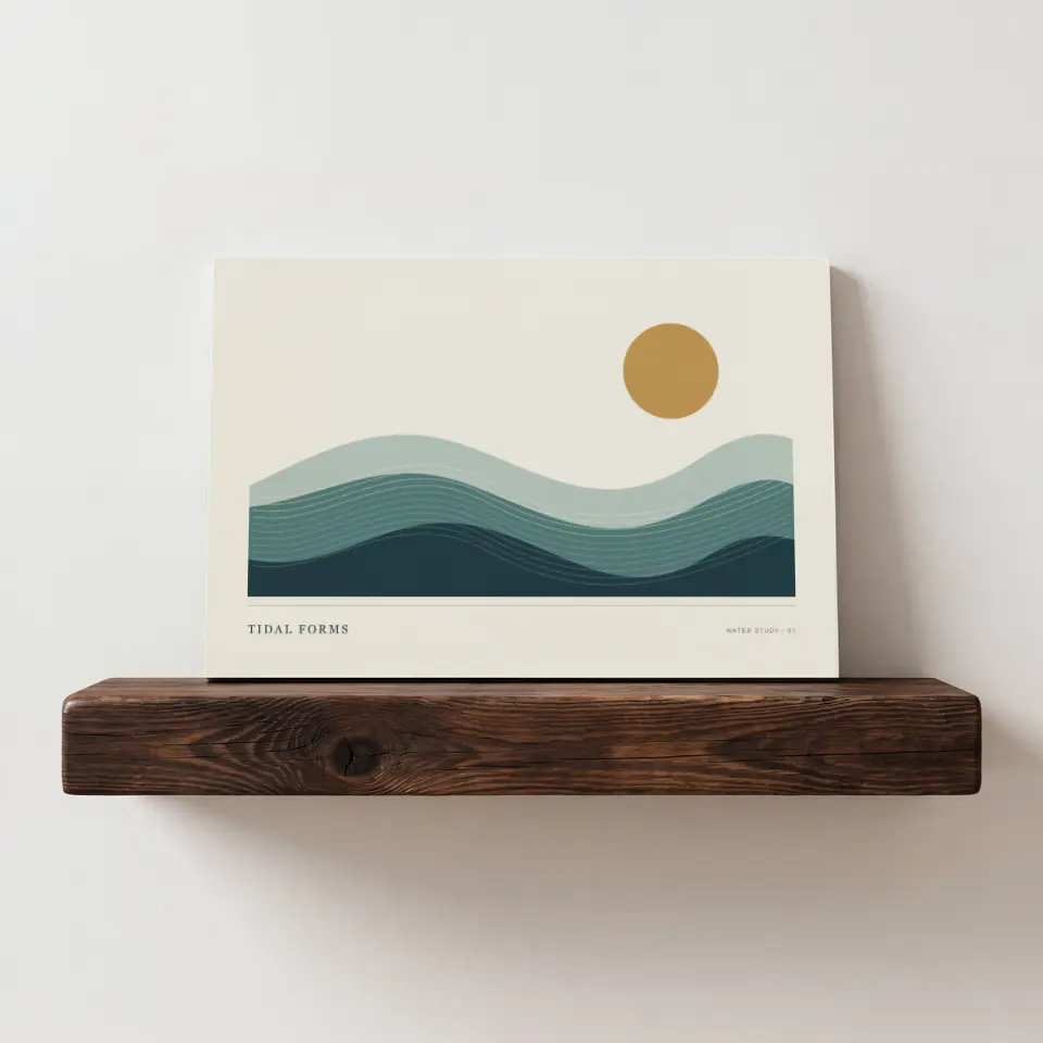 Rustic Shelf Print: An unframed landscape print rests on a chunky dark-stained timber shelf with visible grain and a knot, mounted on a plain off-white wall.