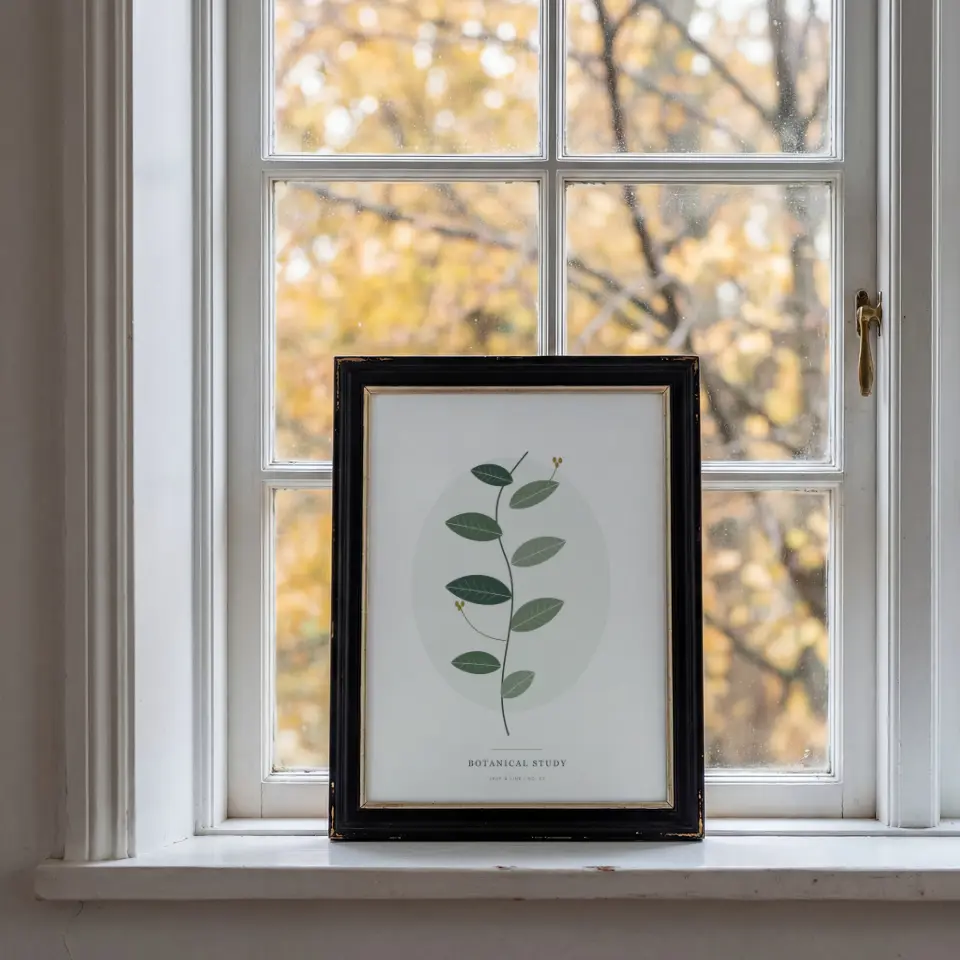Black Frame, Golden Leaves: A small black frame with a fine gold inner edge stands on a white windowsill in front of a paned window, with blurred yellow autumn leaves filling the view outside.