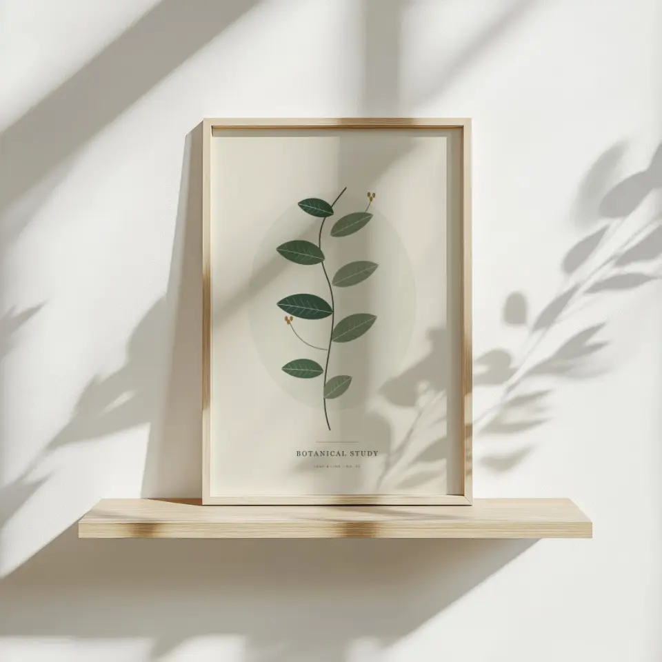 Leaves on a Pale Shelf: A very thin pale wood frame leans against a white wall on a matching pale floating shelf.
