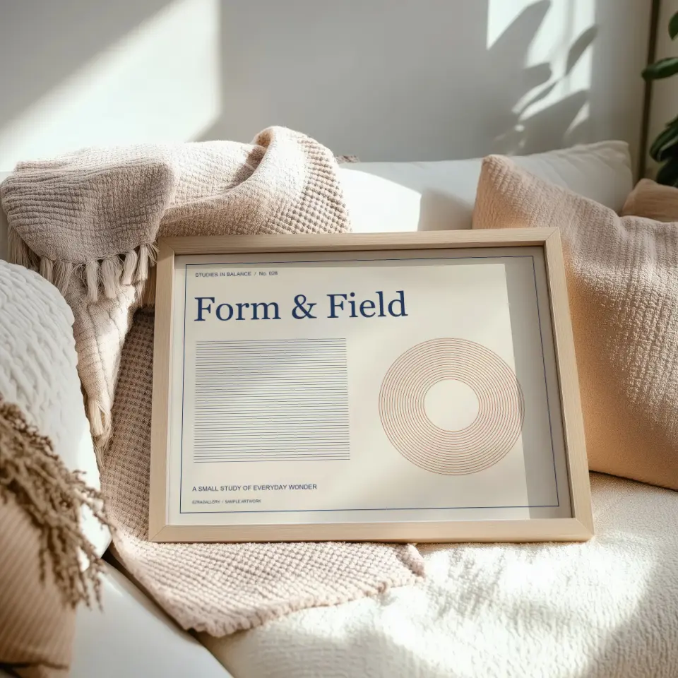 Blanket & Oak: A pale wood frame with a white mat rests on a cream sofa, nestled among folded waffle-knit blankets in blush and oatmeal tones with fringed edges.