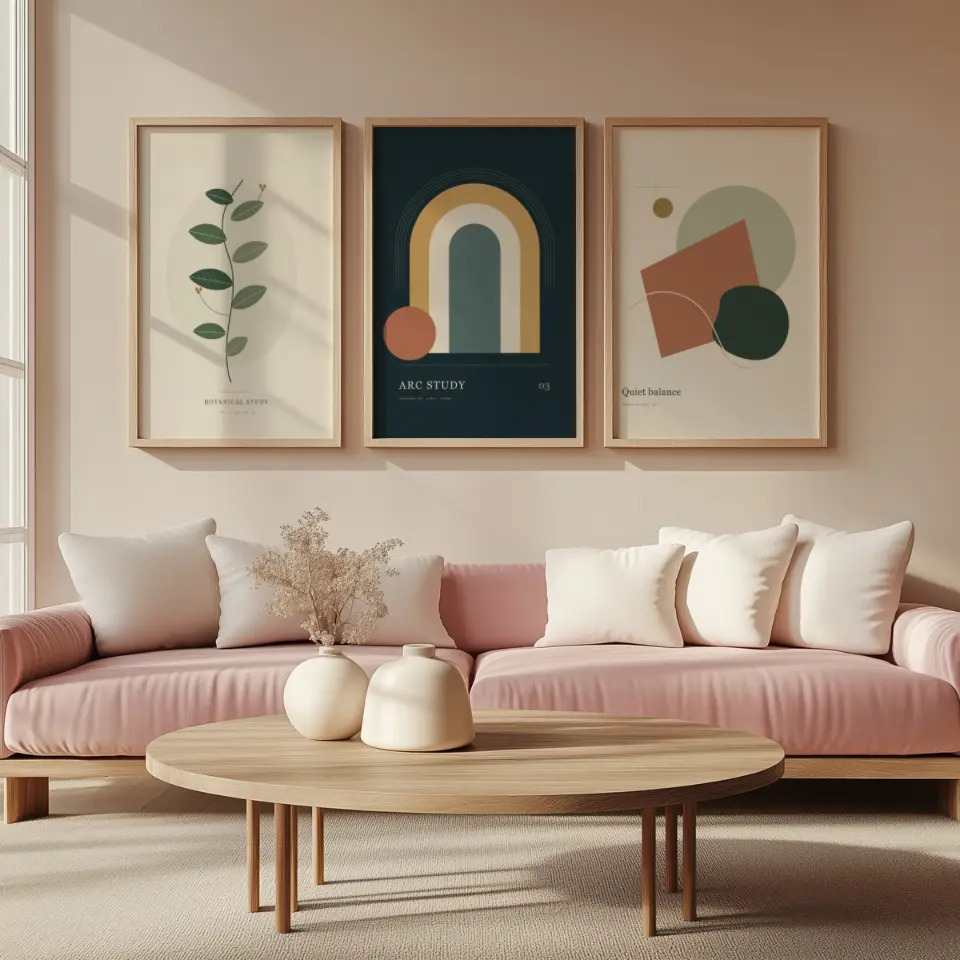 Blush Living Room Trio: Three matching natural oak frames hang in a neat row on a warm beige wall above a blush pink sofa piled with cream cushions.
