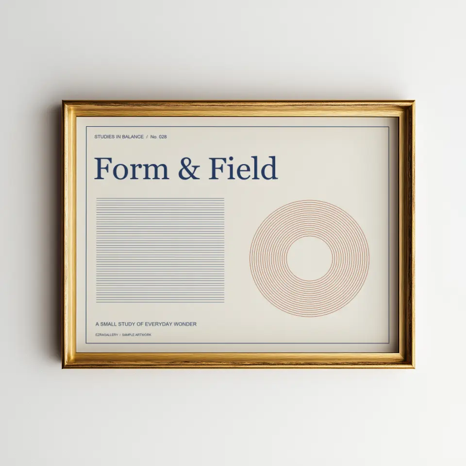 Simple Gold Landscape: A slender gold frame with a slightly bevelled profile hangs alone on a smooth pale grey wall, lit from the upper left so that a soft cast shadow falls beneath and to the right.