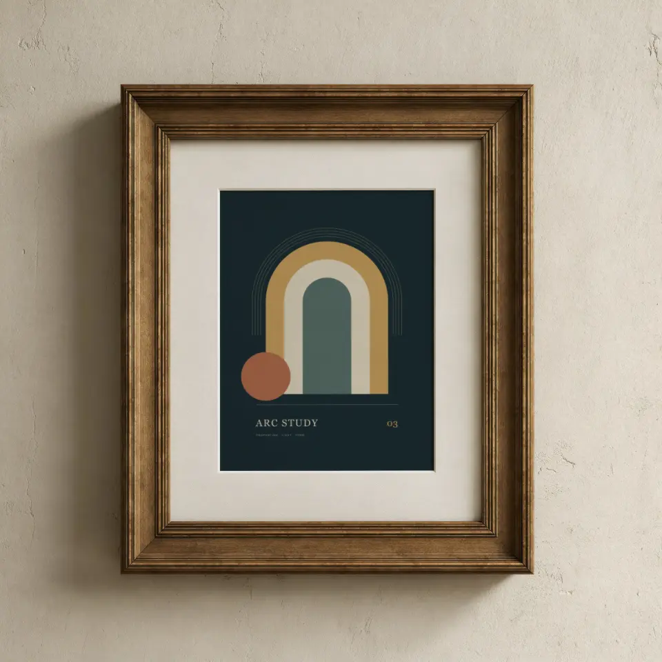 Aged Bronze with Mat: An aged bronze frame with a deep moulded profile hangs on a textured cream plaster wall, holding a generous cream mat with a bevelled window.
