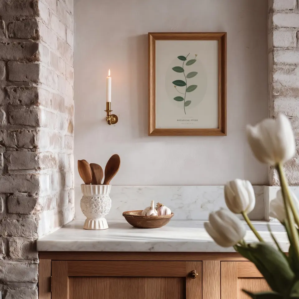 Candle & Tulip Kitchen: A slim honey oak frame hangs on a soft plaster wall above a marble kitchen counter, next to a lit taper in a brass wall sconce.