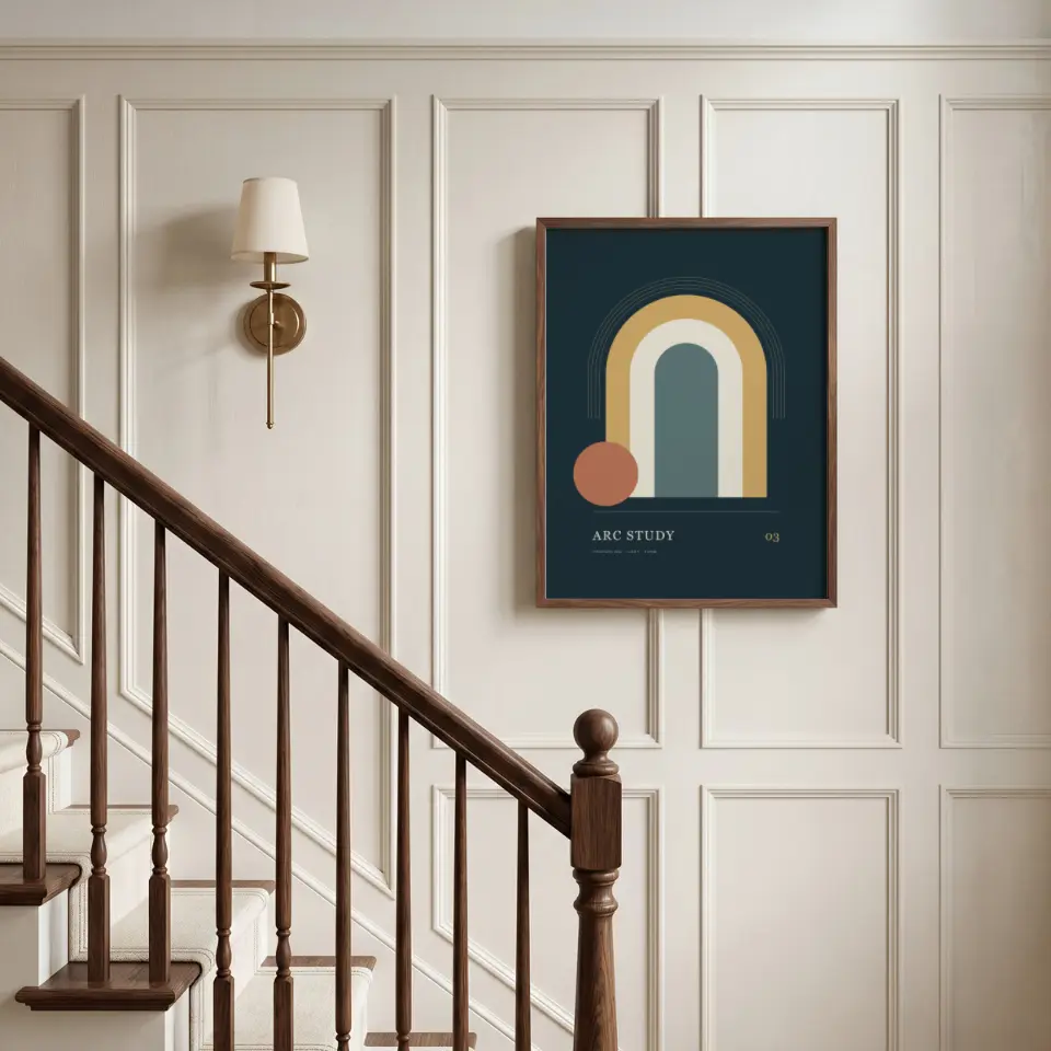 Paneled Stair Landing: A slim walnut frame hangs on cream panelled walls beside a brass sconce with a linen shade, above a dark wood staircase with turned balusters and a carpeted runner.