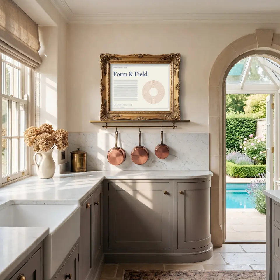 Garden Arch Kitchen: An ornate antique gold frame rests on a narrow picture ledge above a marble splashback, with three copper pans hanging beneath it in a cottage kitchen.