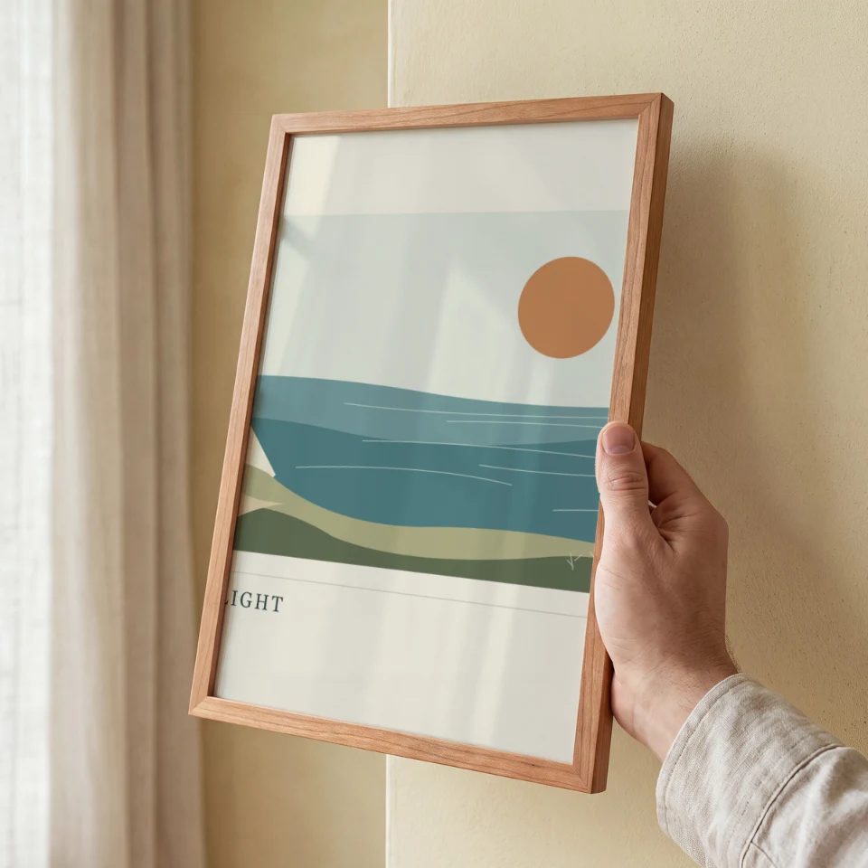 Window Light Hold: Present your artwork in a slim warm-wood portrait frame held up in one hand against a warm cream wall.